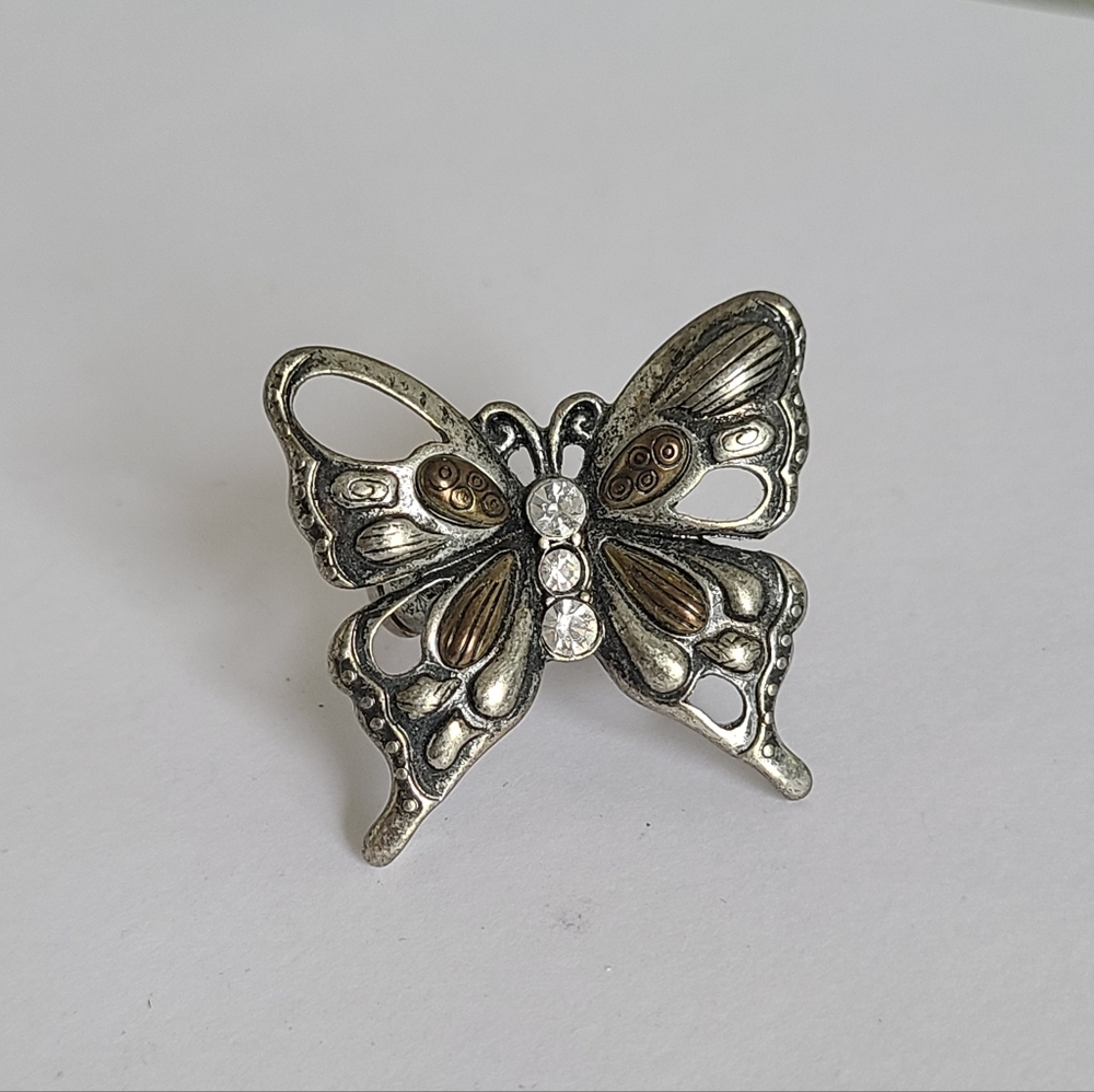 Vintage Dark Silver Tone Pewter Boho Chunky Openwork Rhinestone Butterfly Ring - Picture 8 of 15